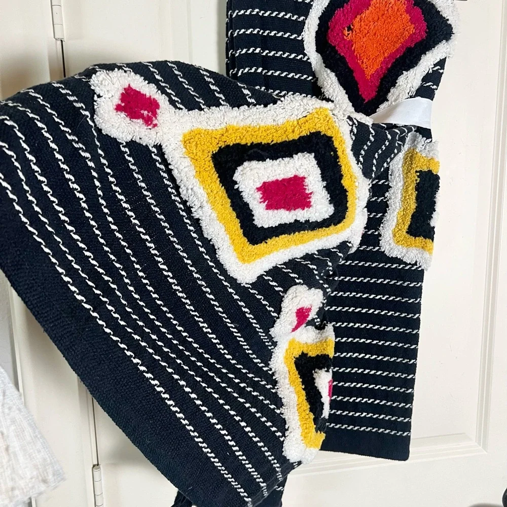 Aman Black & White Striped Boho Blanket throw with decorative large Tassels